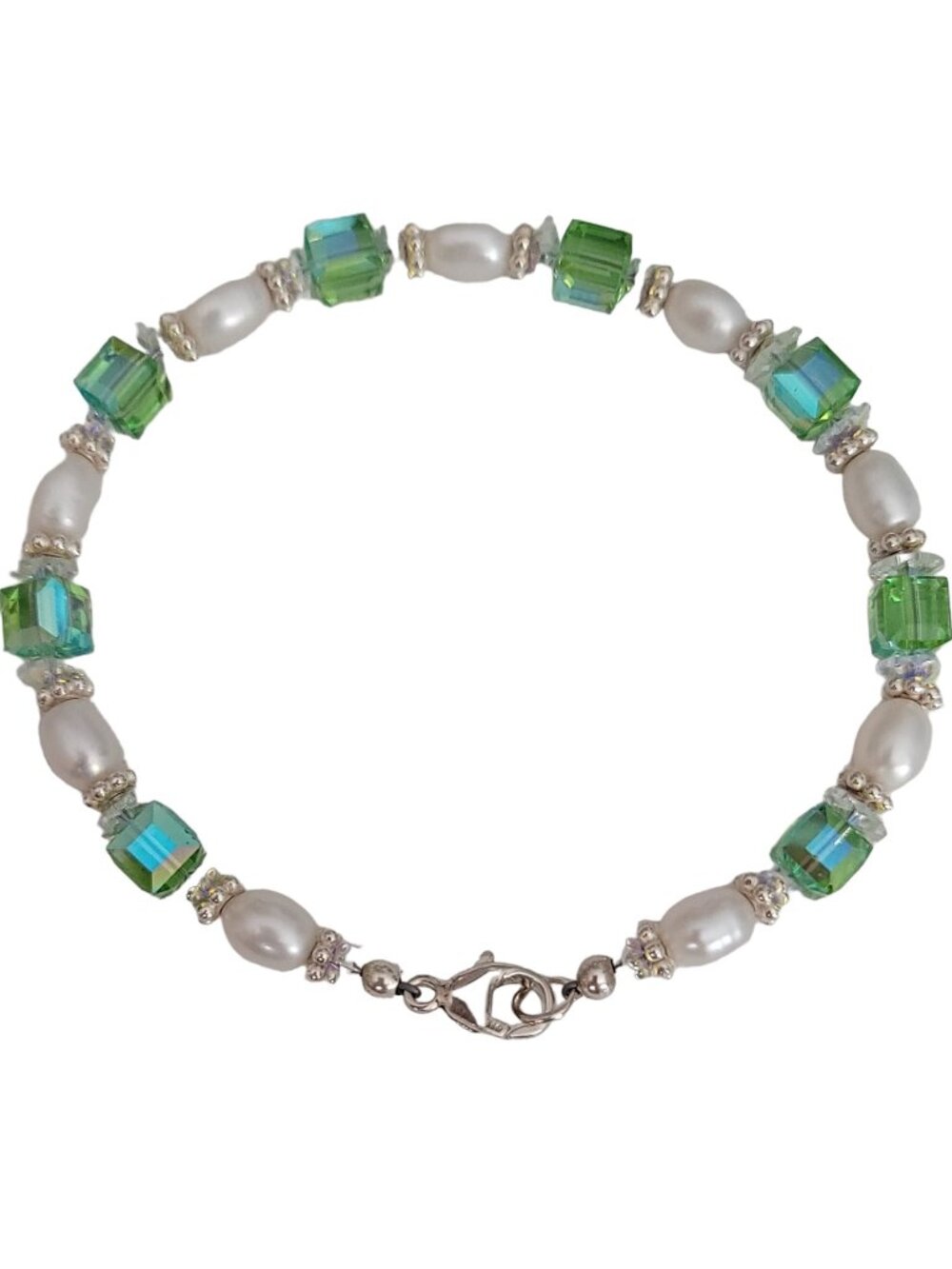 Sterling Silver Green AB Square Crystal And Pearl Bracelet 8” Long, K712